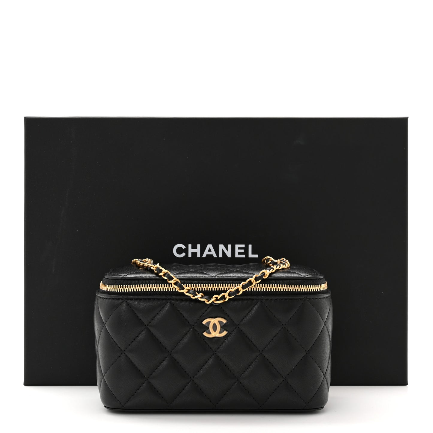 Lambskin Enamel Quilted Small Coco Hearts Vanity Case With Chain Black