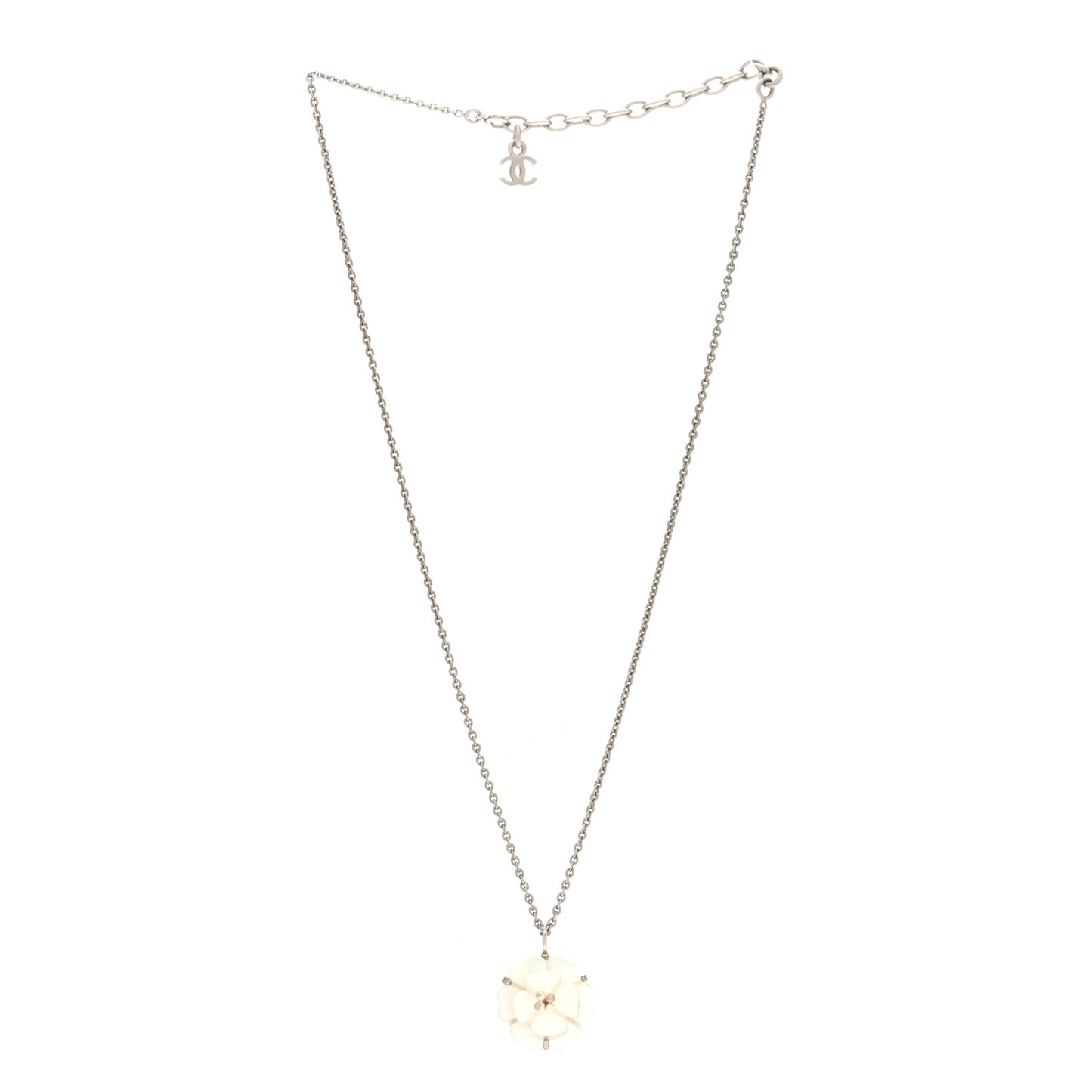 Mother of Pearl Camellia Pendant Necklace Silver White
