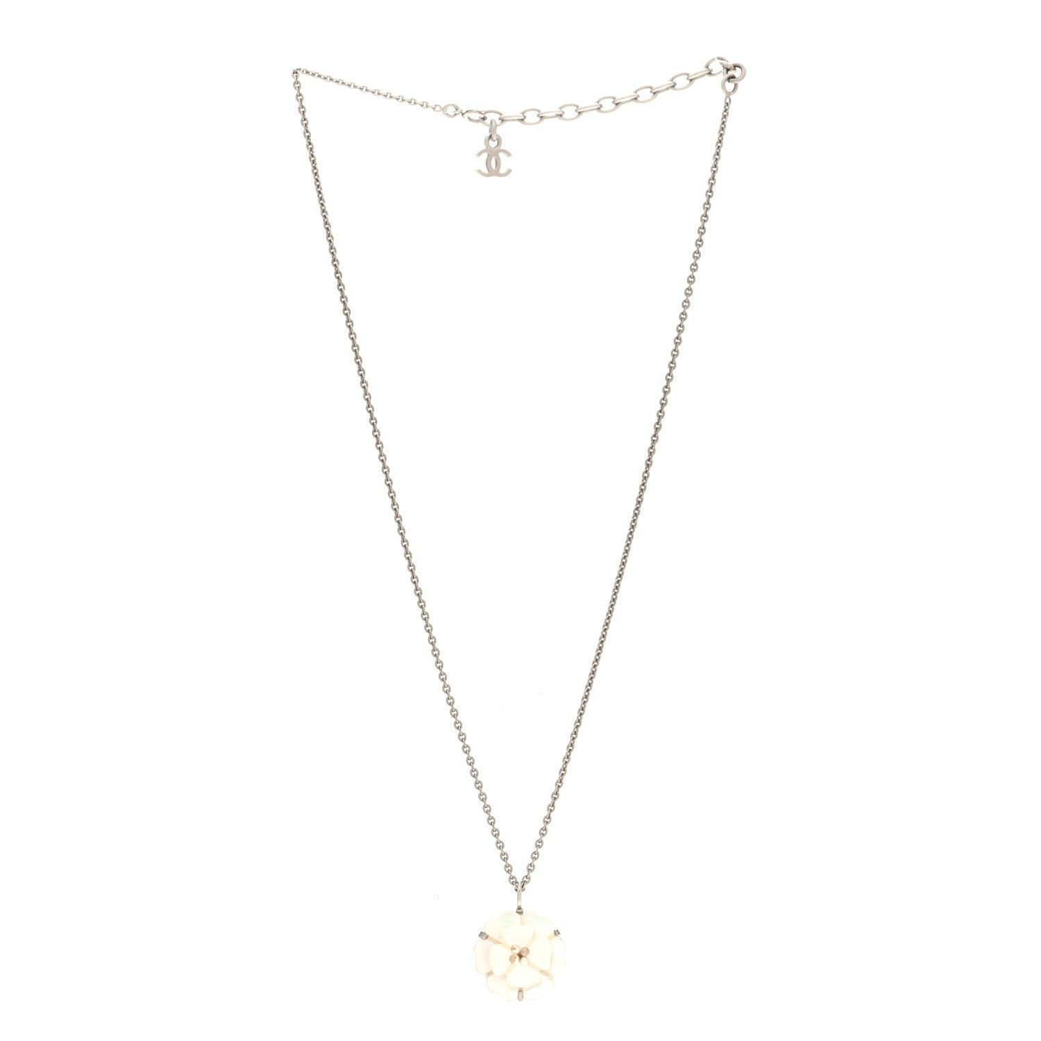 Chanel Mother of Pearl Camellia Pendant Necklace Silver White 3 of 6