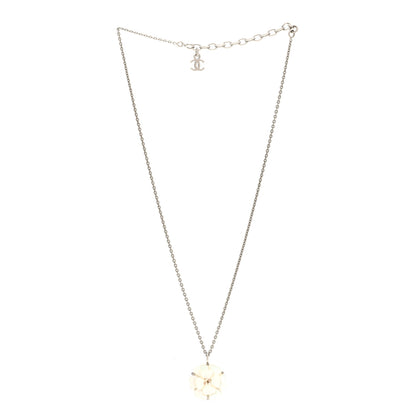 Chanel Mother of Pearl Camellia Pendant Necklace Silver White 3 of 6