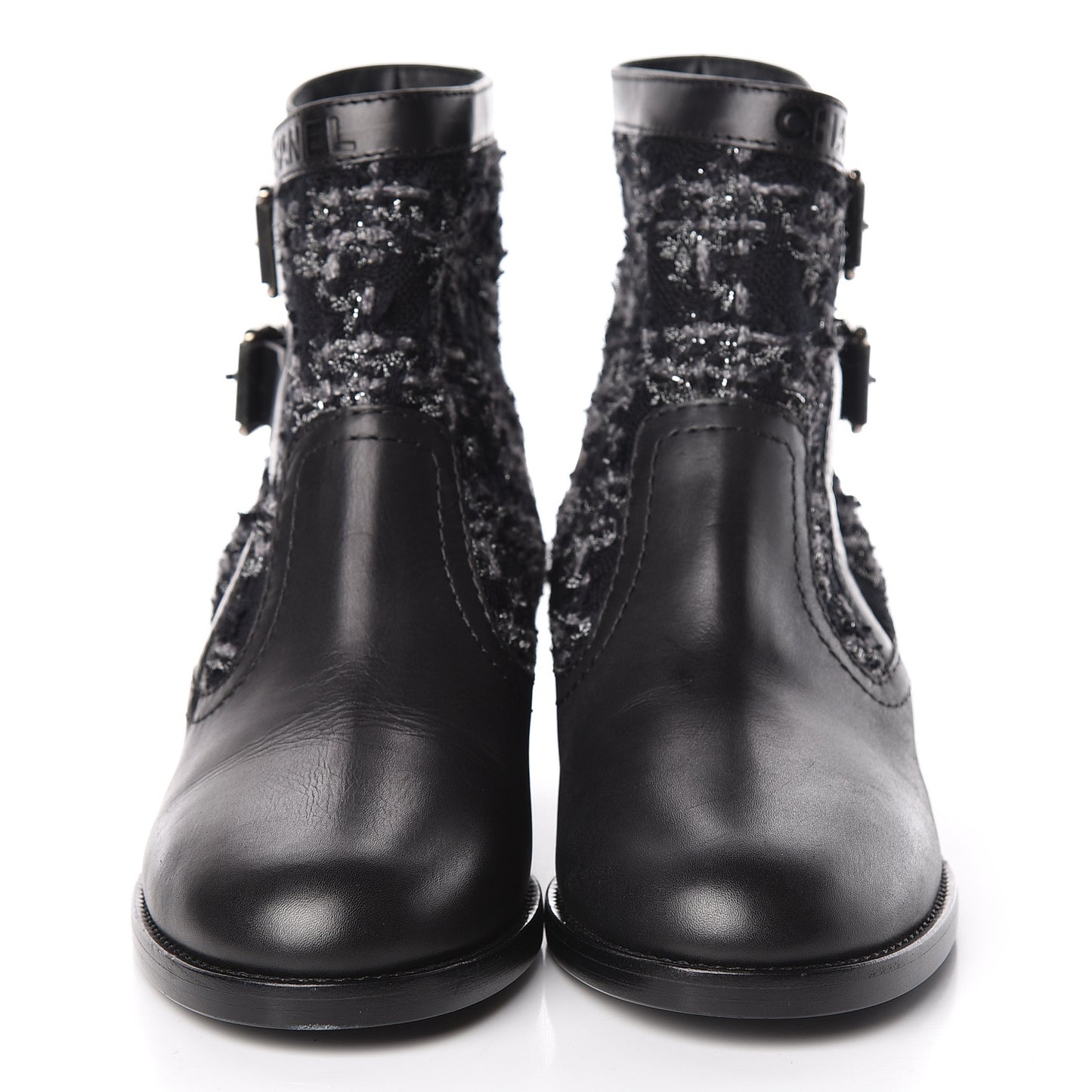 Tweed Lambskin Short Boots 38 Black Grey