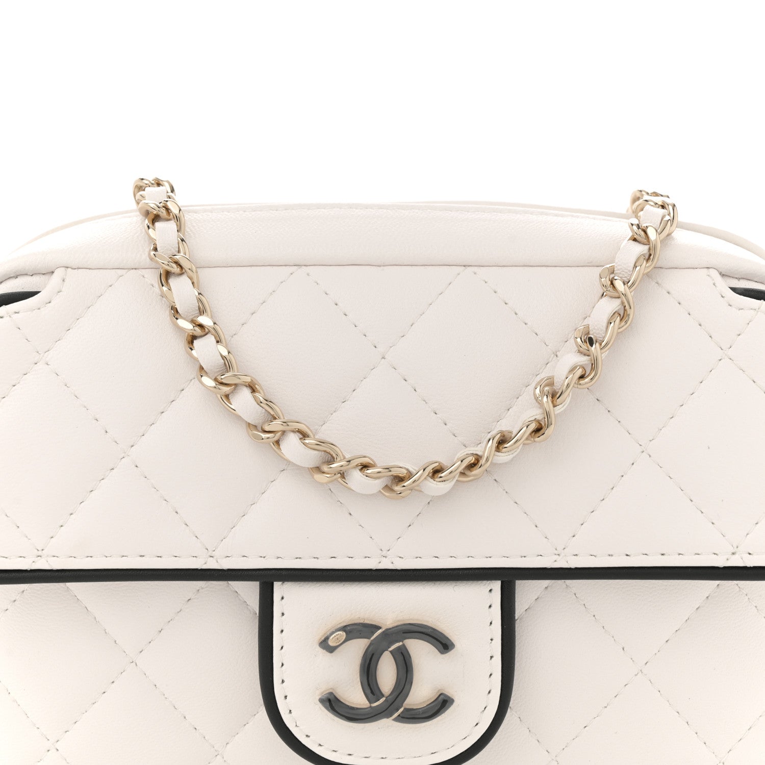 Chanel Lambskin Resin Quilted Chain Camera Bag White Black 1727448
