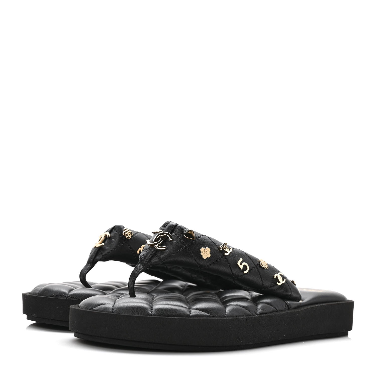 Chanel Lambskin Quilted Padded Charms Thong Sandals 37 Black 3 of 7