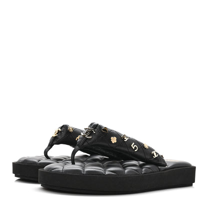 Chanel Lambskin Quilted Padded Charms Thong Sandals 37 Black 3 of 7