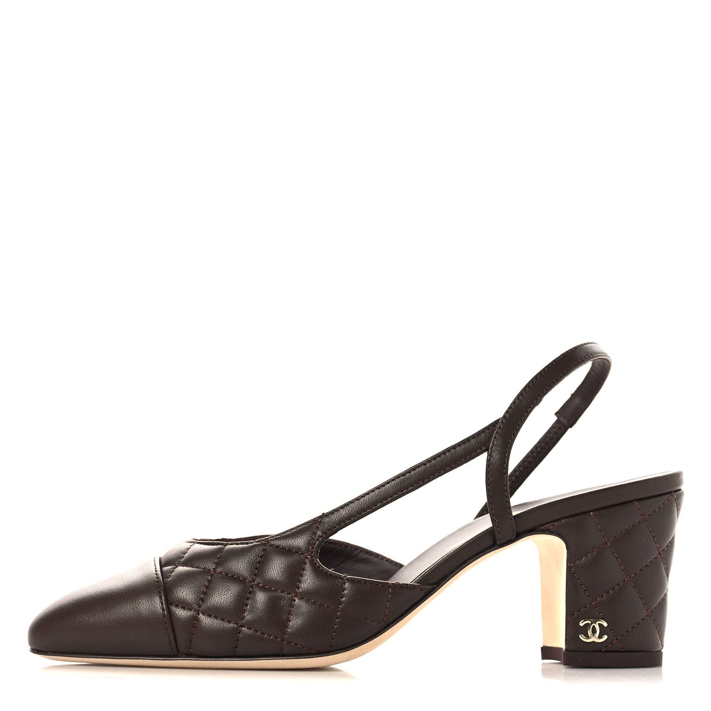 Lambskin Quilted Cap Toe CC Slingback Pumps  37.5 Brown