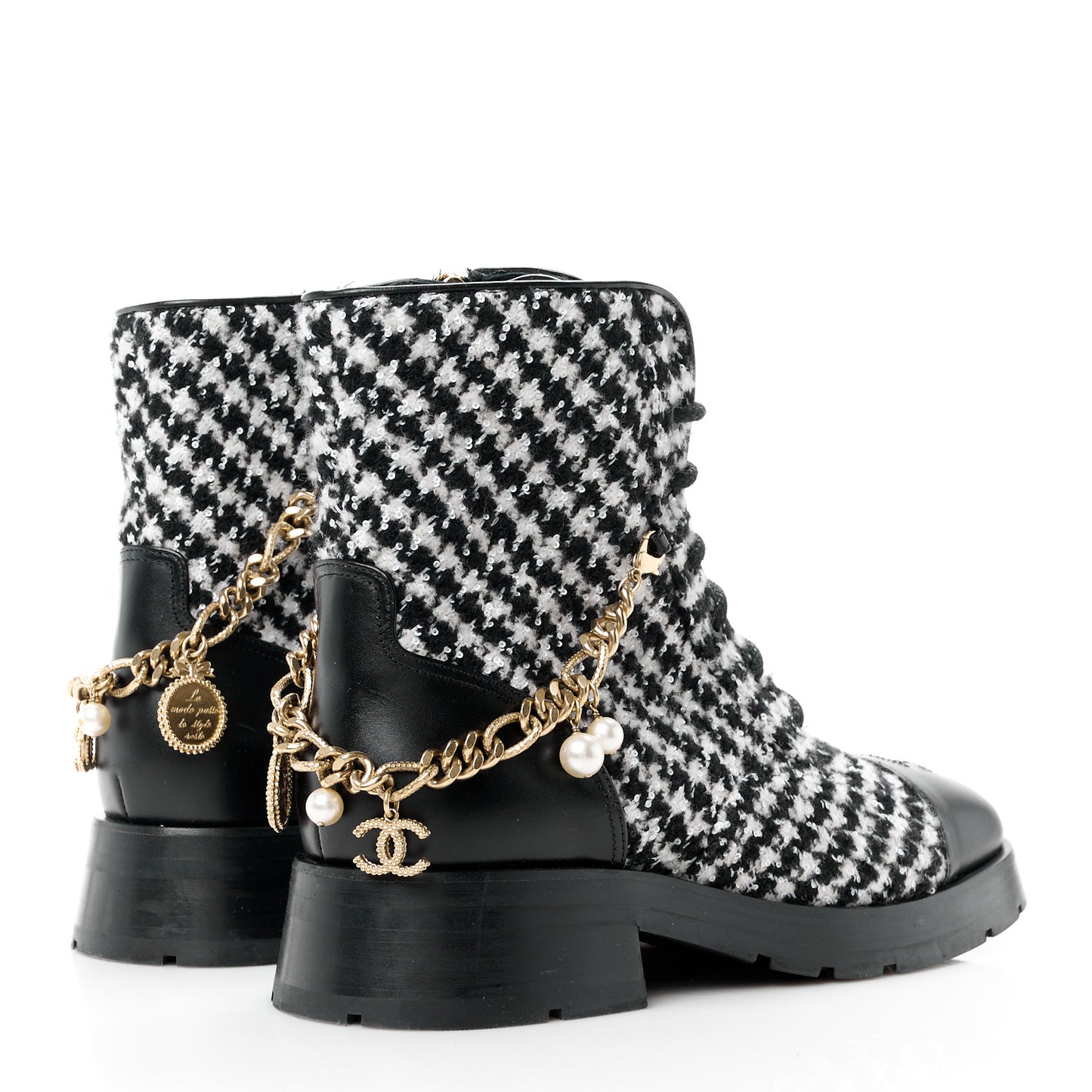 Wool Tweed Calfskin Chain Lace Up Combat Boots 40 Black White