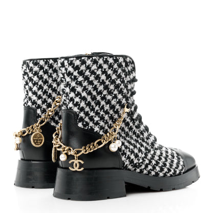 Chanel Wool Tweed Calfskin Chain Lace Up Combat Boots 40 Black White 4 of 10