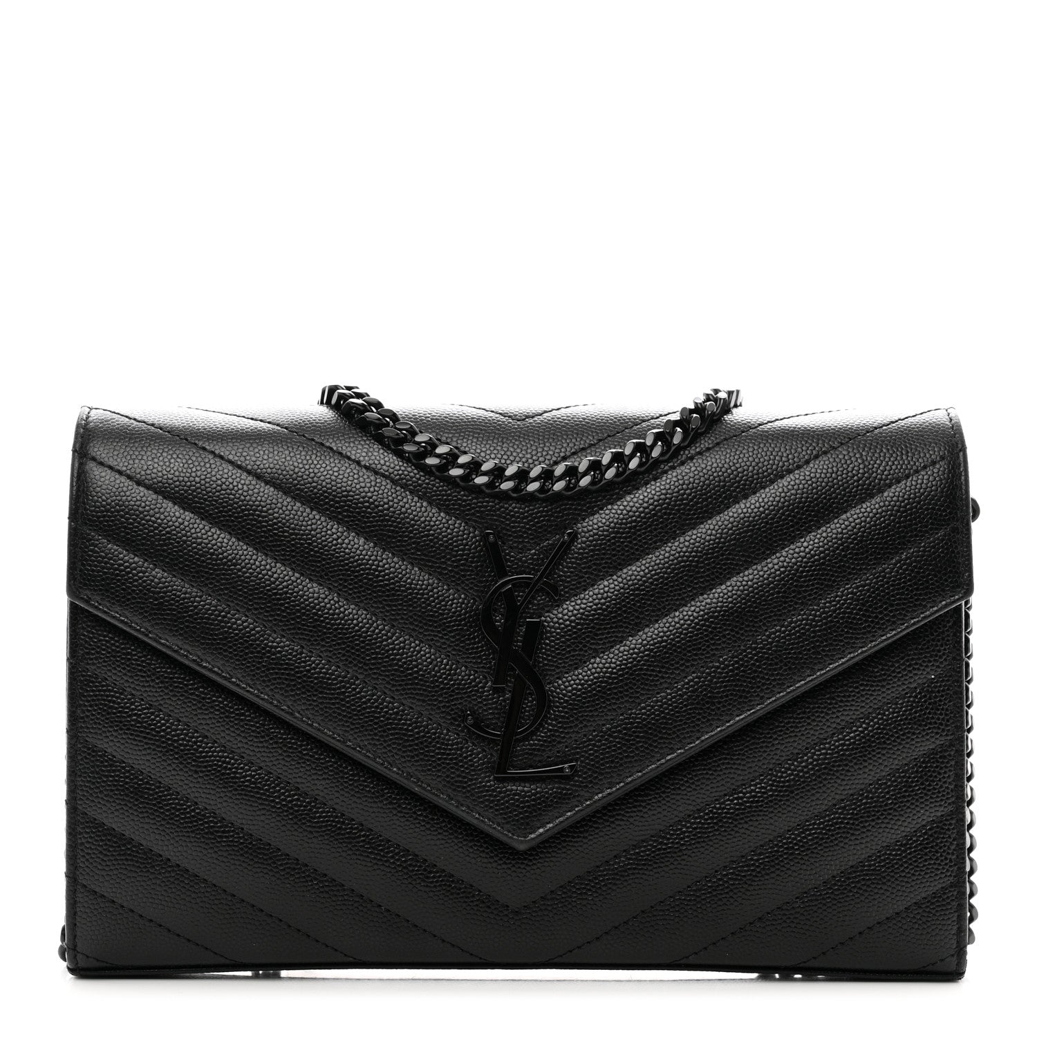 Saint Laurent Grain De Poudre Matelasse Chevron Monogram Monochrome Chain Wallet Black 1 of 11