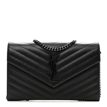 Saint Laurent Grain De Poudre Matelasse Chevron Monogram Monochrome Chain Wallet Black 1 of 11
