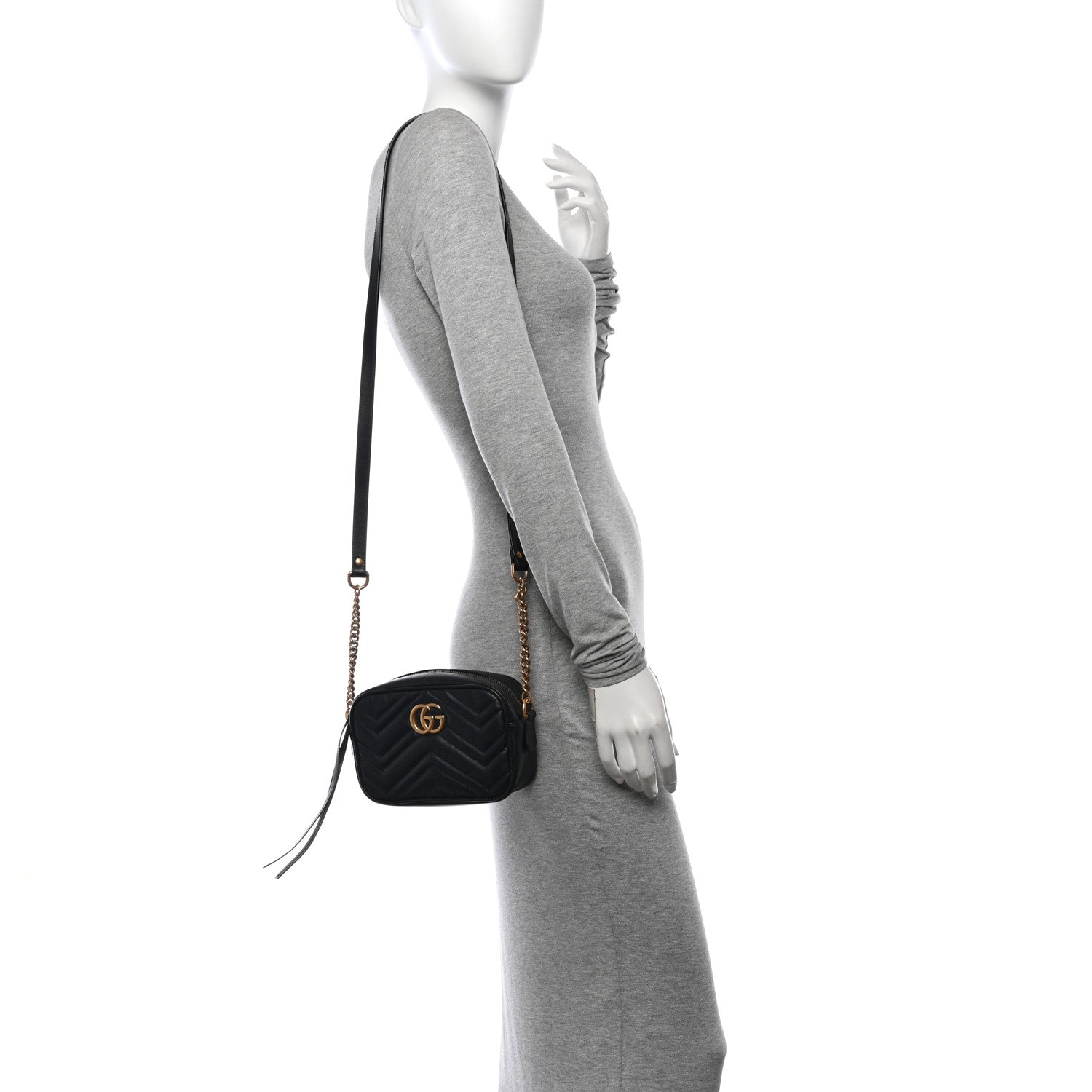 Gucci Calfskin Matelasse Mini GG Marmont Chain Shoulder Bag Black 2 of 12