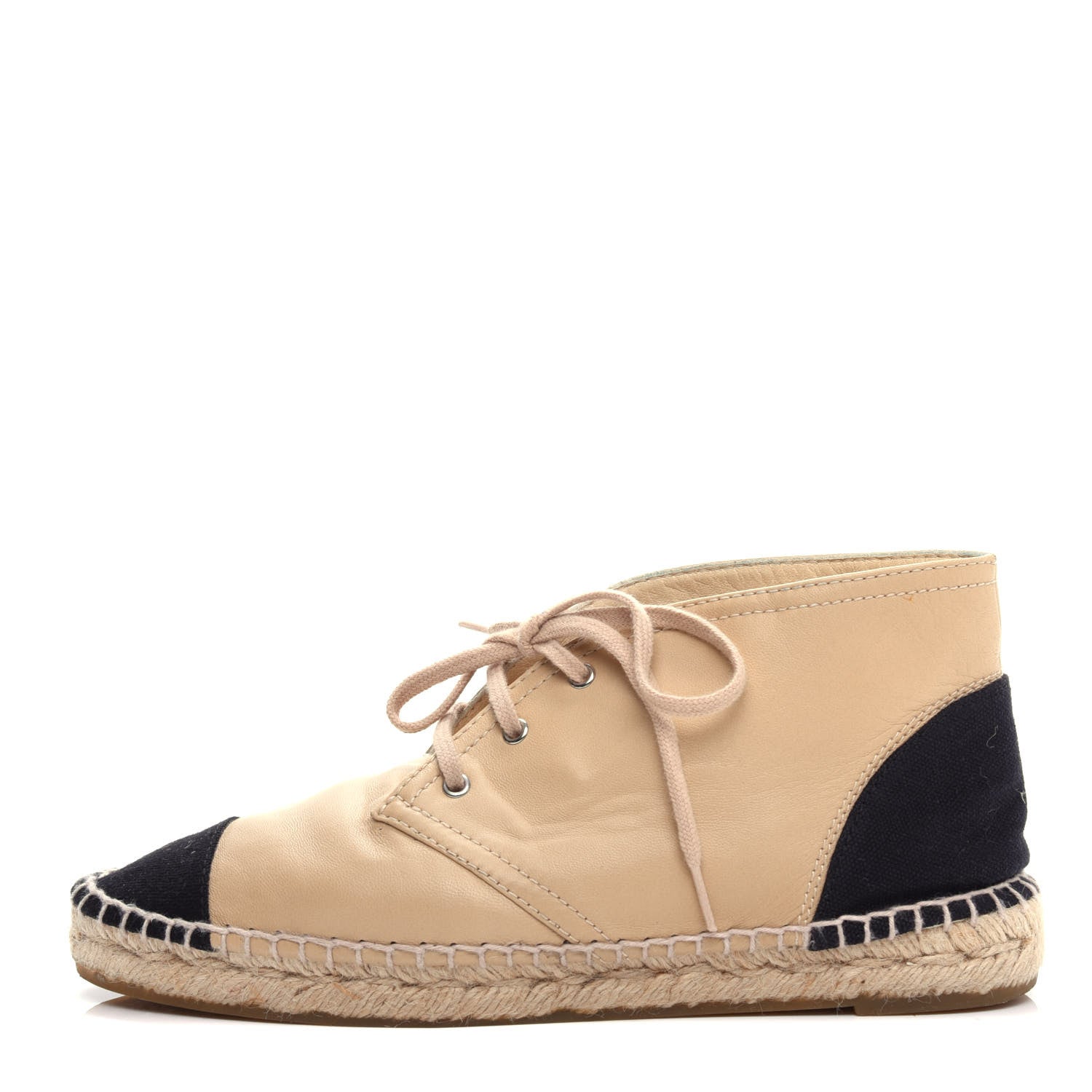 Chanel Lambskin Canvas Cap Toe Lace Up Espadrilles 38 Dark Beige Black 1 of 12