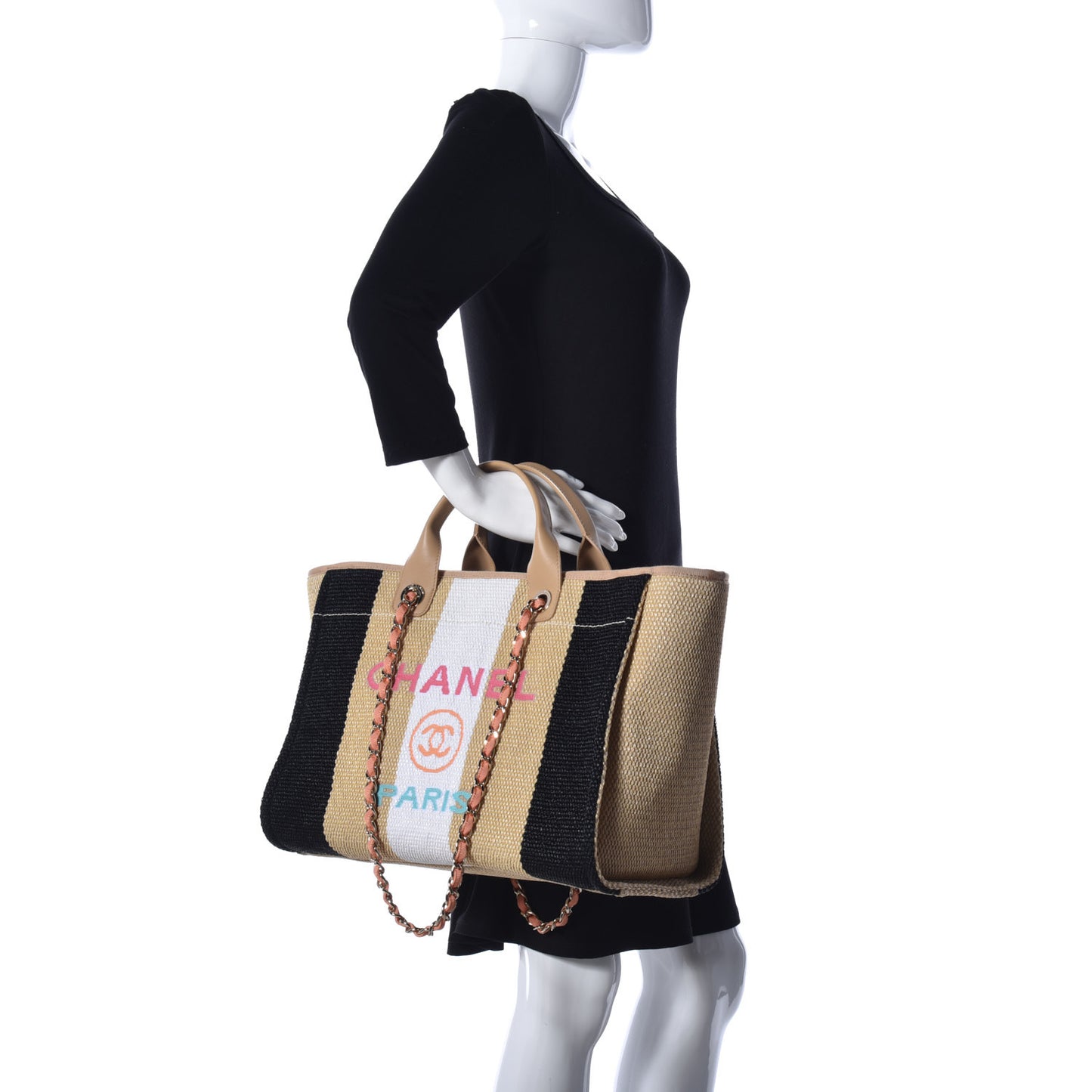 Straw Raffia Calfskin Striped Medium Deauville Tote Black Beige Ivory