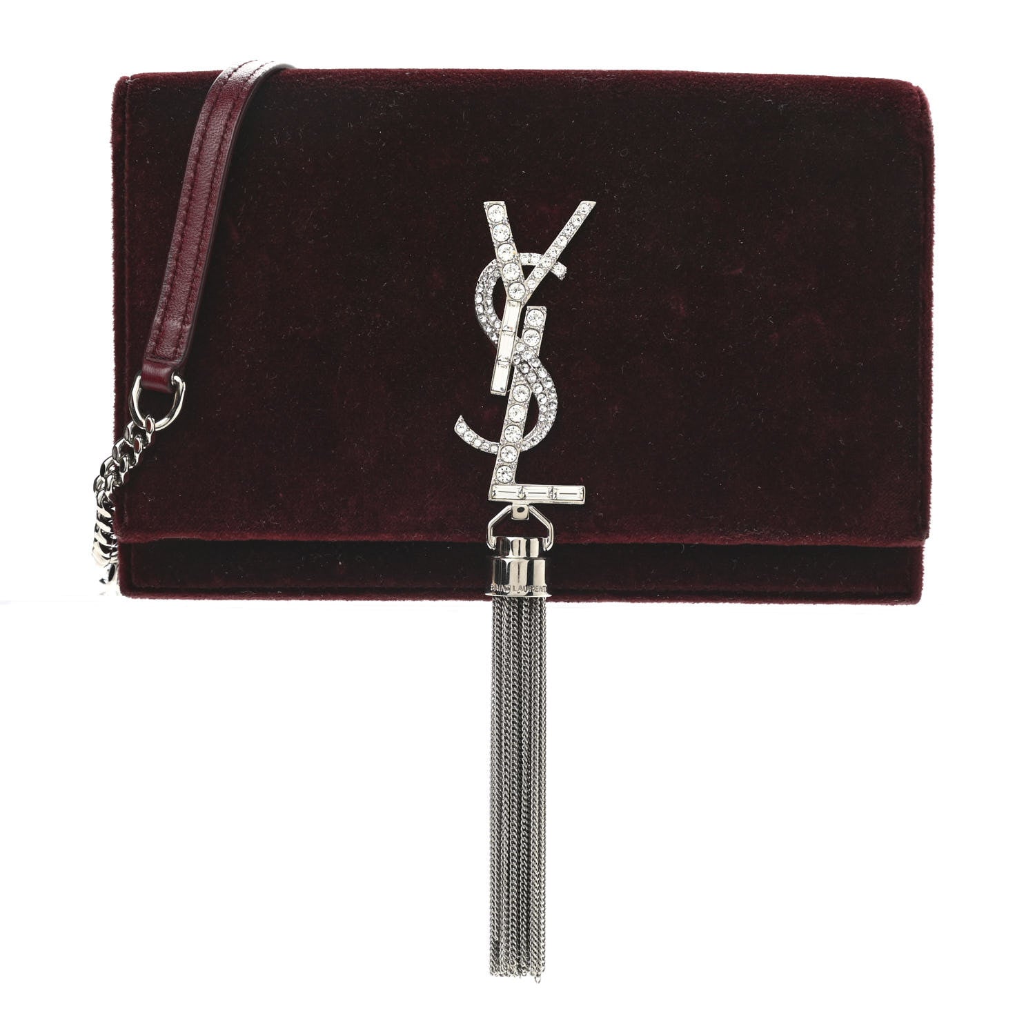 Saint Laurent Velvet Crystal Monogram Kate Tassel Shoulder Bag Burgundy 1 of 13