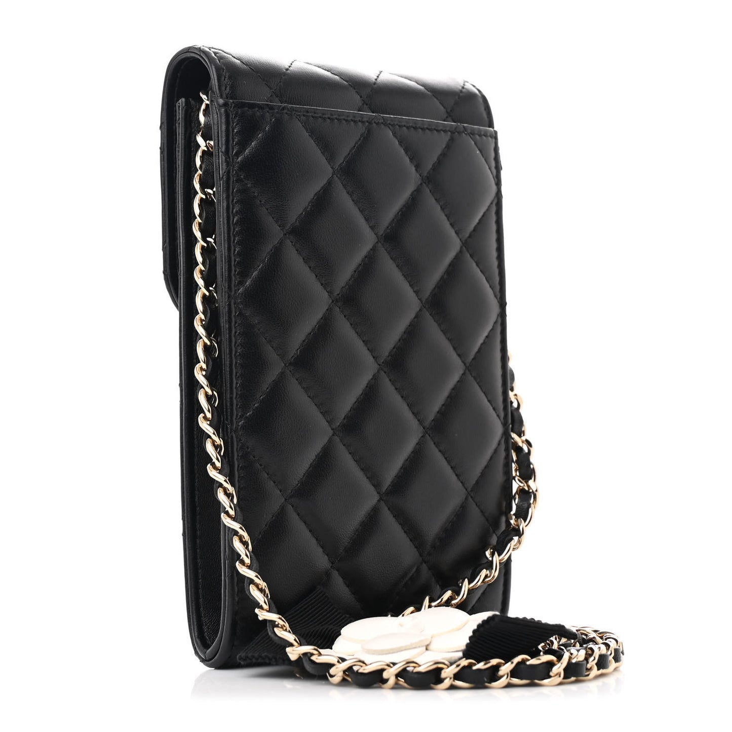 Lambskin Quilted Mini Camellia Bow Phone Holder Black
