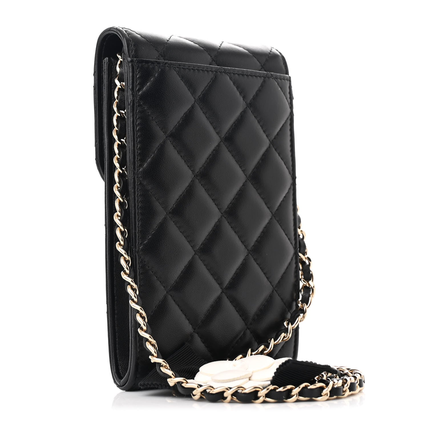 Chanel Lambskin Quilted Mini Camellia Bow Phone Holder Black 3 of 12