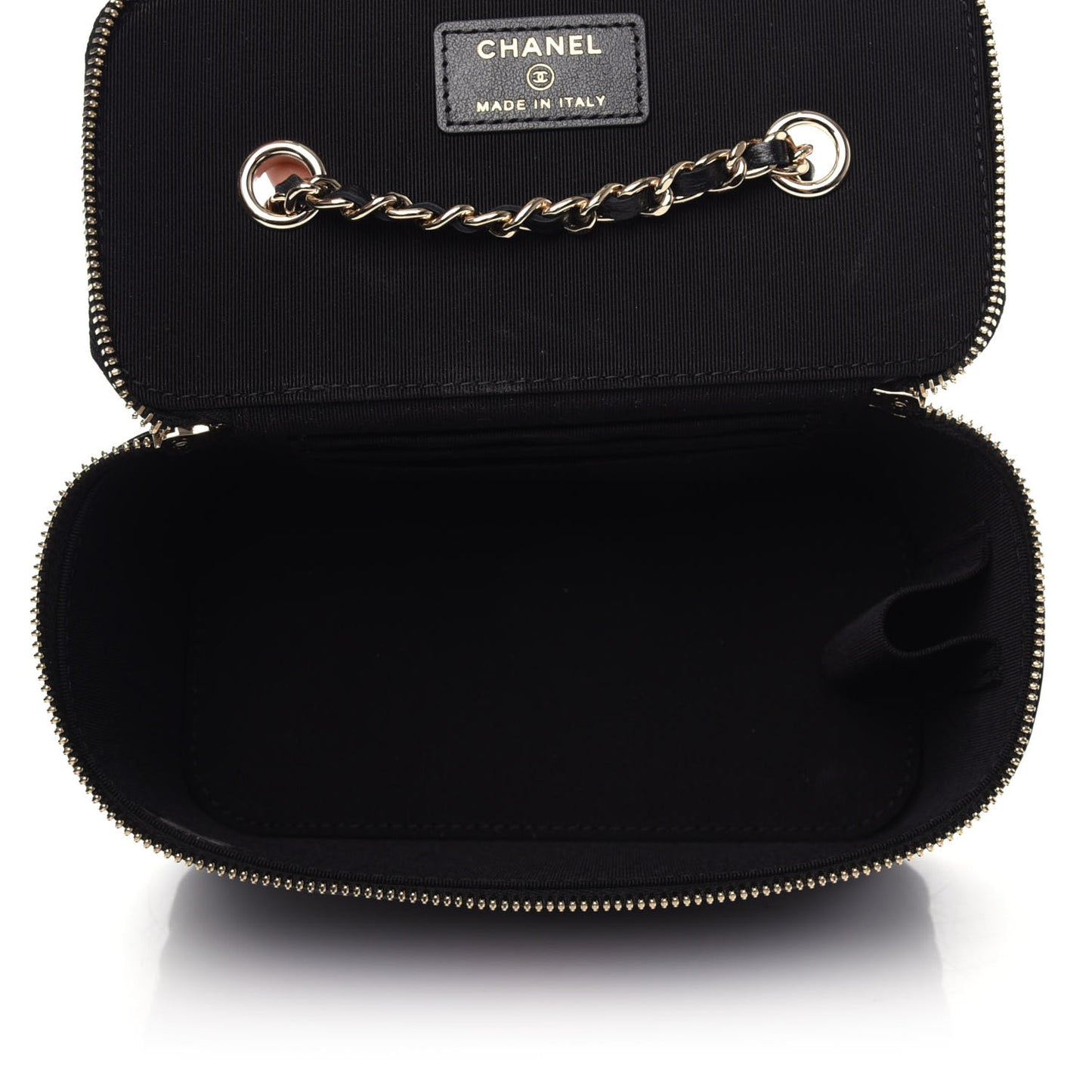 Goatskin Camellia Embossed Quilted Small Vanity Case With Chain Black