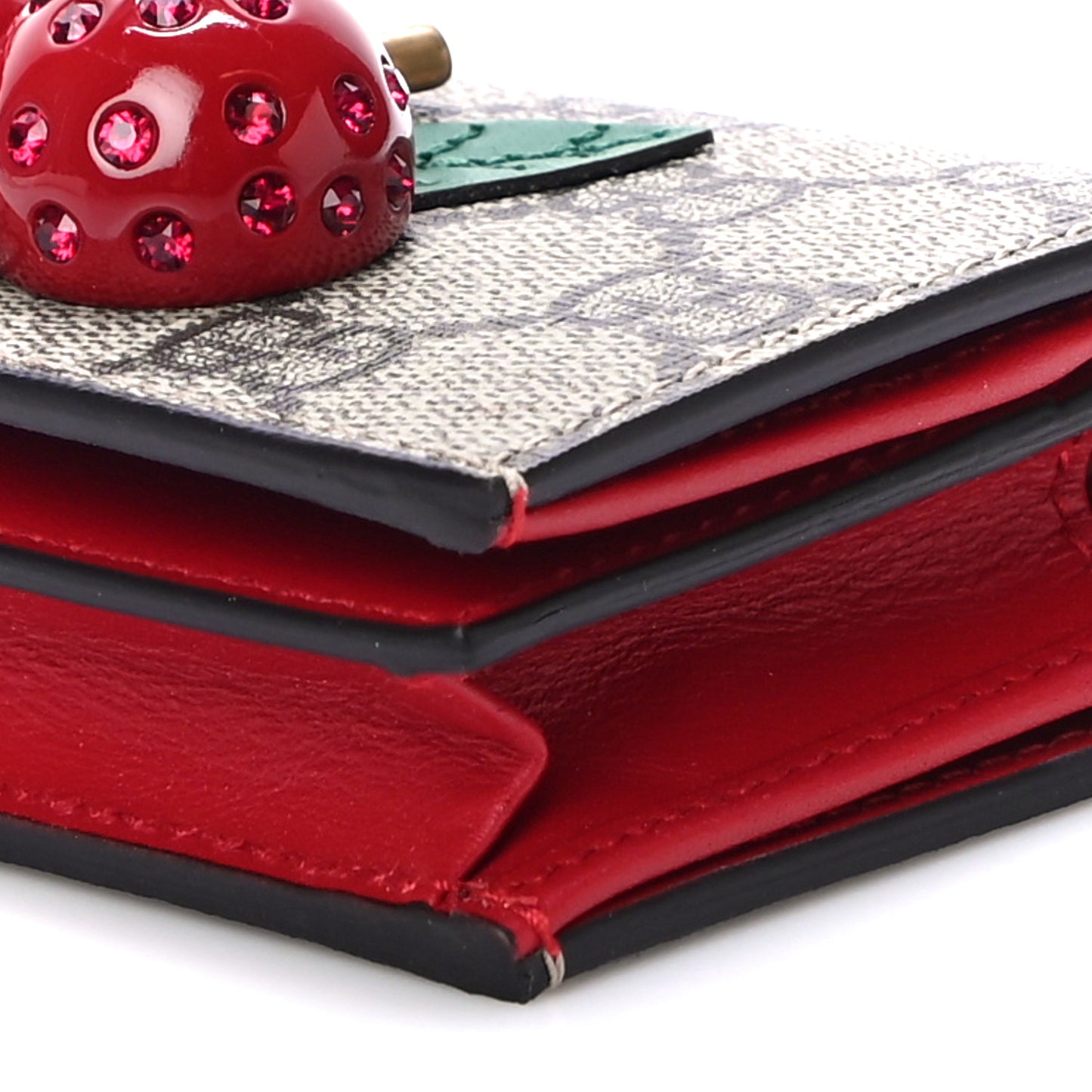 GG Supreme Monogram Cherry Embellished Card Case Wallet Hibiscus Red
