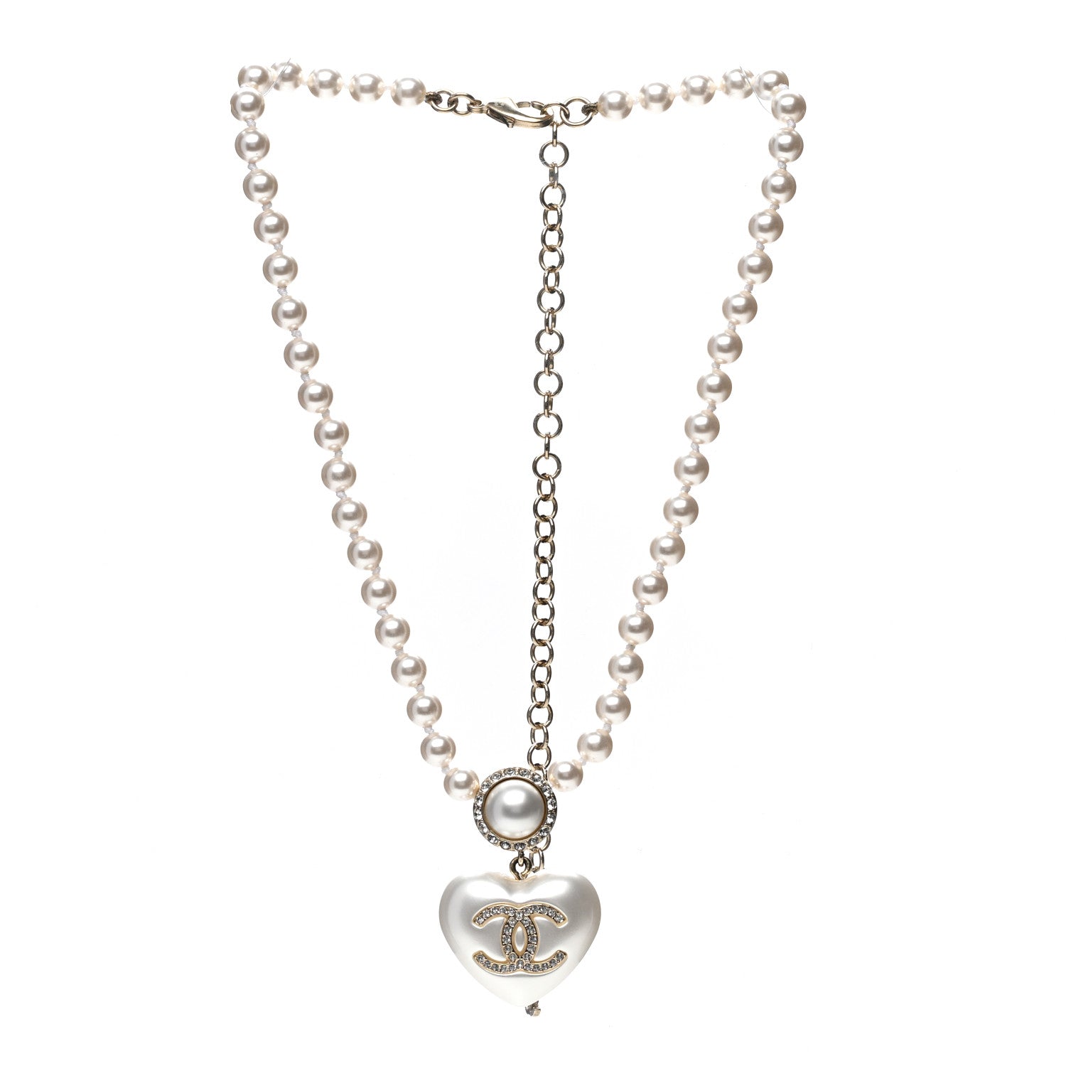 Chanel Pearl Crystal CC Heart Short Necklace Pearly White Gold 3 of 6