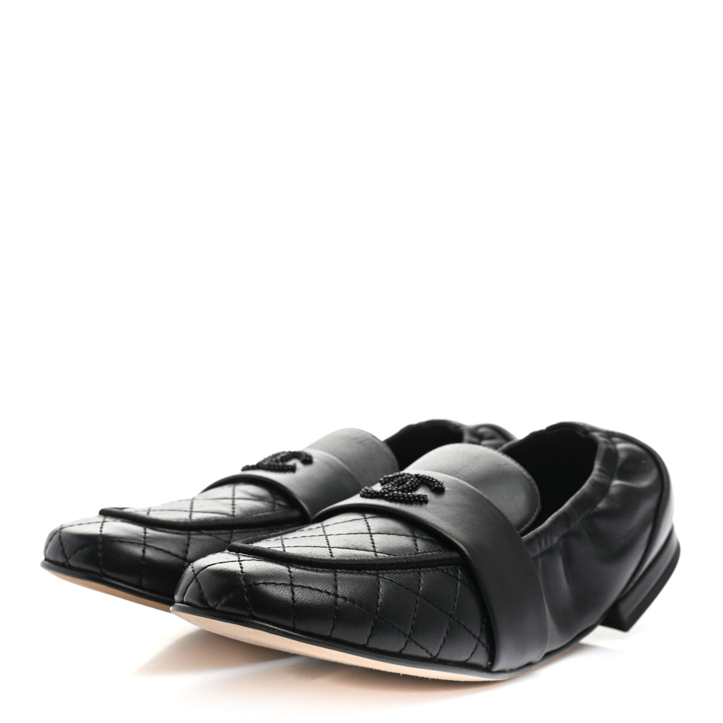 Laminated Lambskin Womens Quilted Elastic CC Moccasin Loafers 37 Black