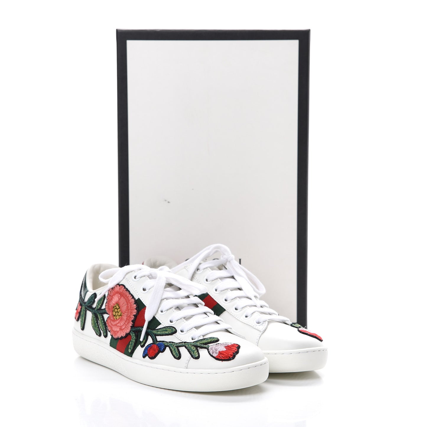 Calfskin Web Floral Embroidered Womens Ace Sneakers 35.5 White