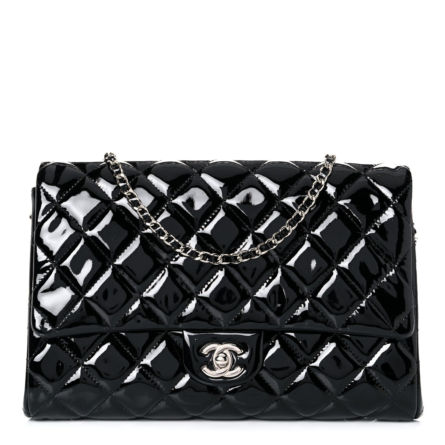 Patent Quilted Clutch with Chain Flap Black