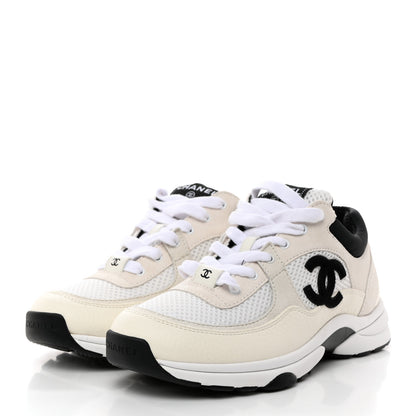 Chanel Mesh Suede Calfskin Grained Calfskin Womens CC Sneakers 37 White Black 3 of 8