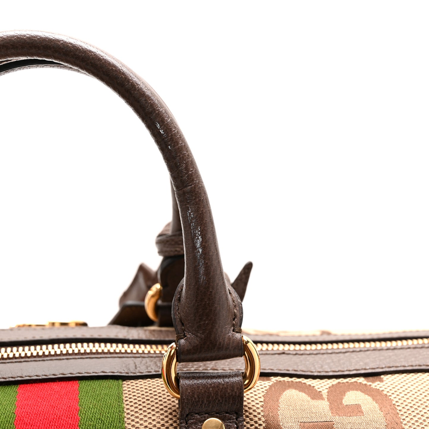 Monogram Jumbo GG Textured Dollar Calfskin Web Large Duffle Bag Camel Ebony