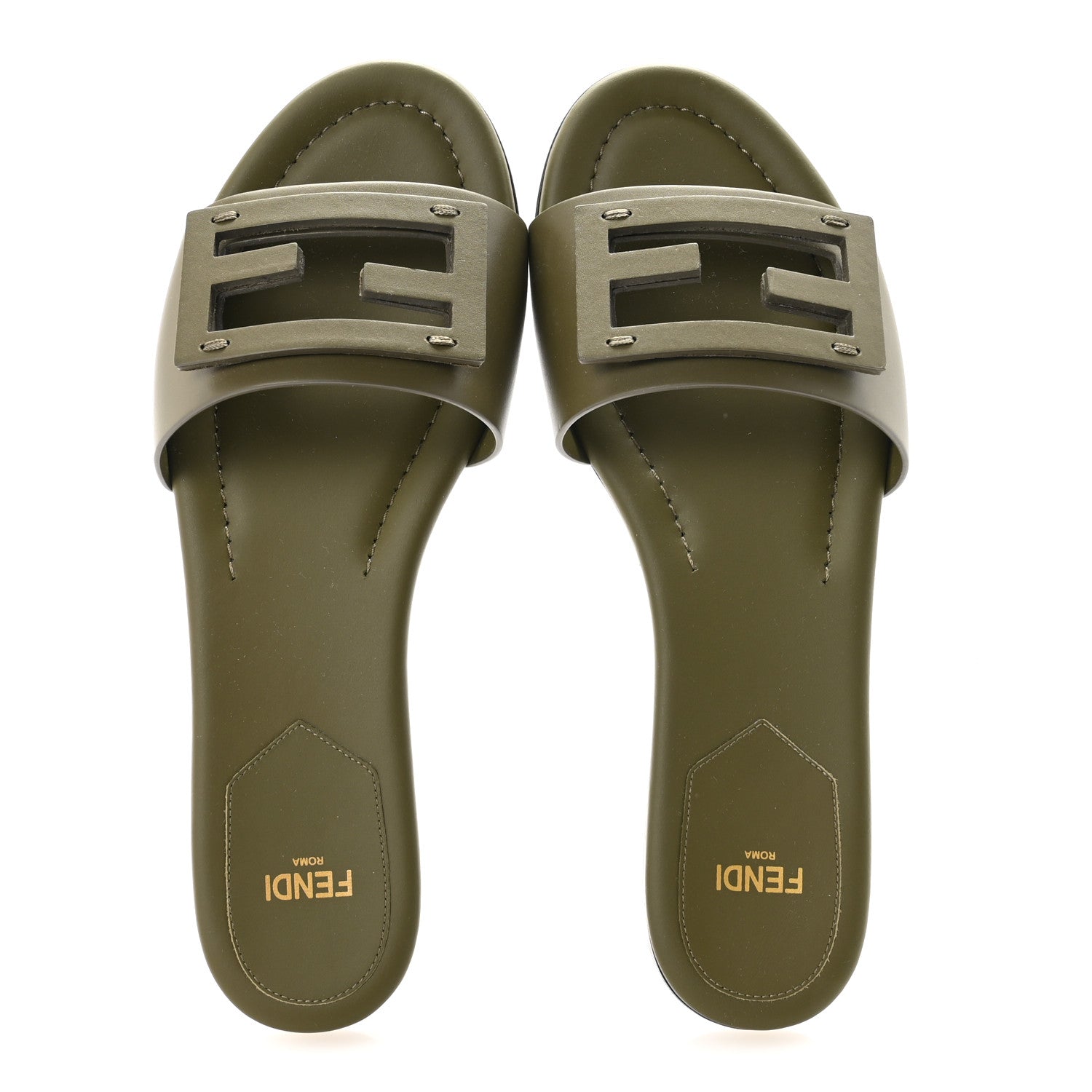 Fendi Calfskin FF Logo Plaque Slide Sandals 37 Militare 1802001