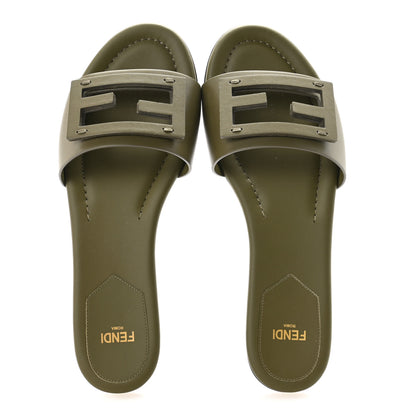 Fendi Calfskin FF Logo Plaque Slide Sandals 37 Militare 2 of 9