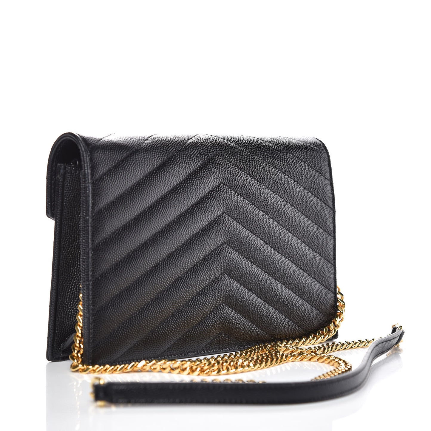 Grain De Poudre Matelasse Chevron Monogram Envelope Chain Wallet Black