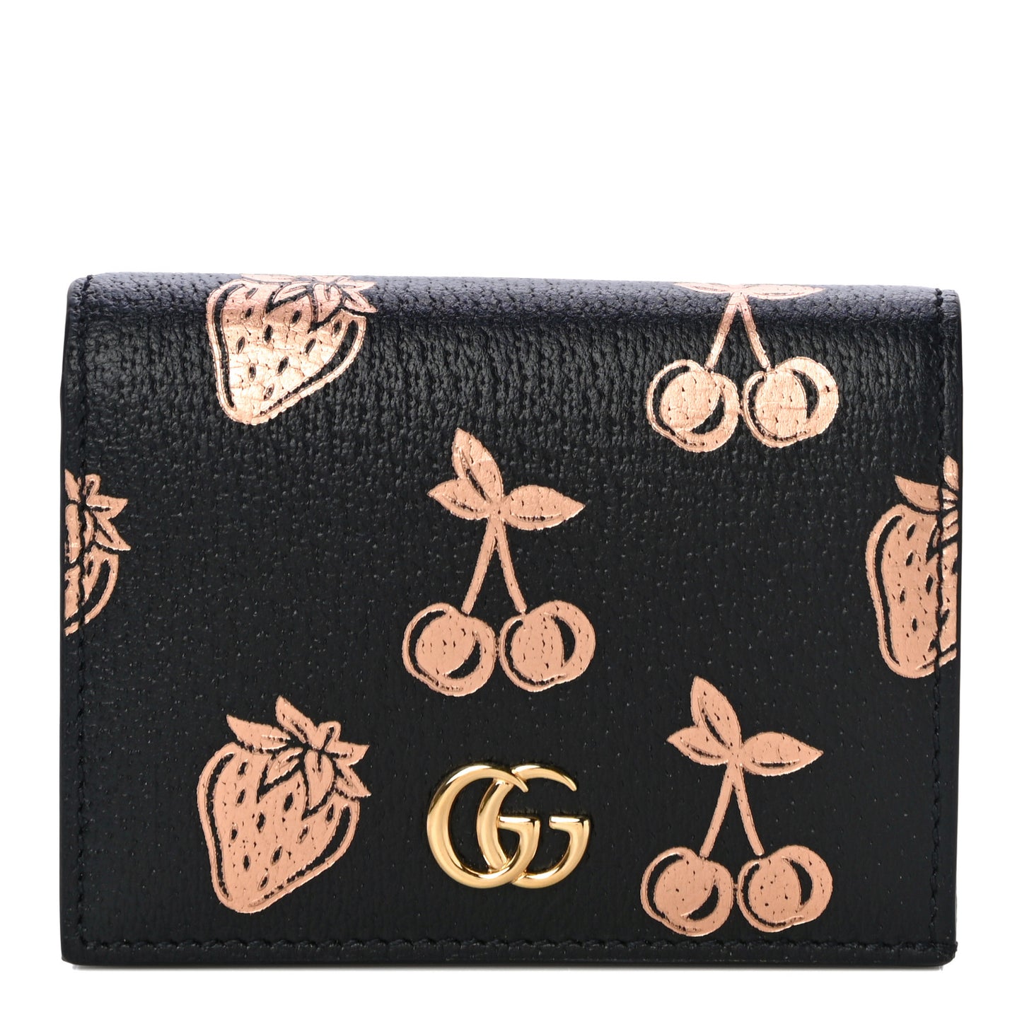 Textured Dollar Calfskin Berry Print GG Marmont Card Case Black Light Copper