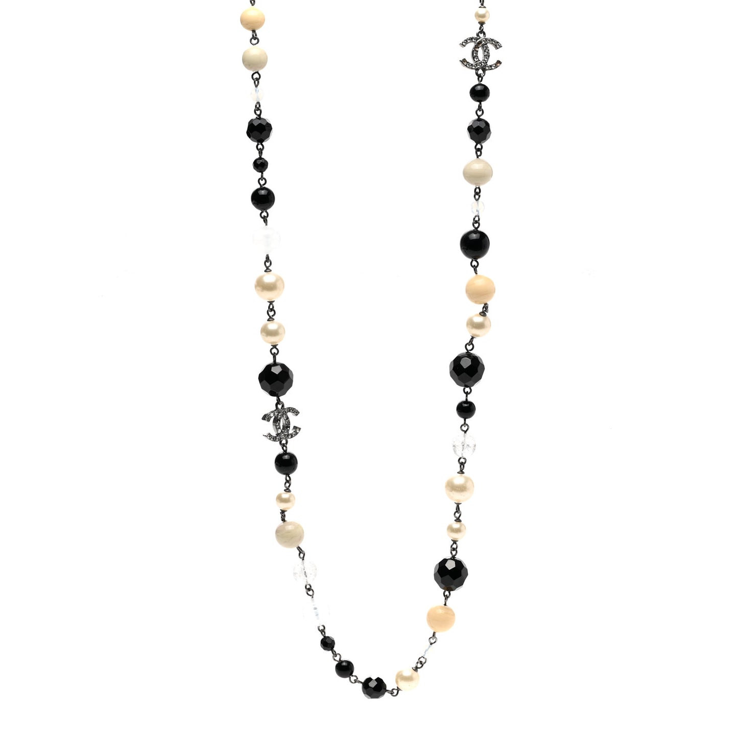 Pearl Crystal Bead CC Long Necklace Black