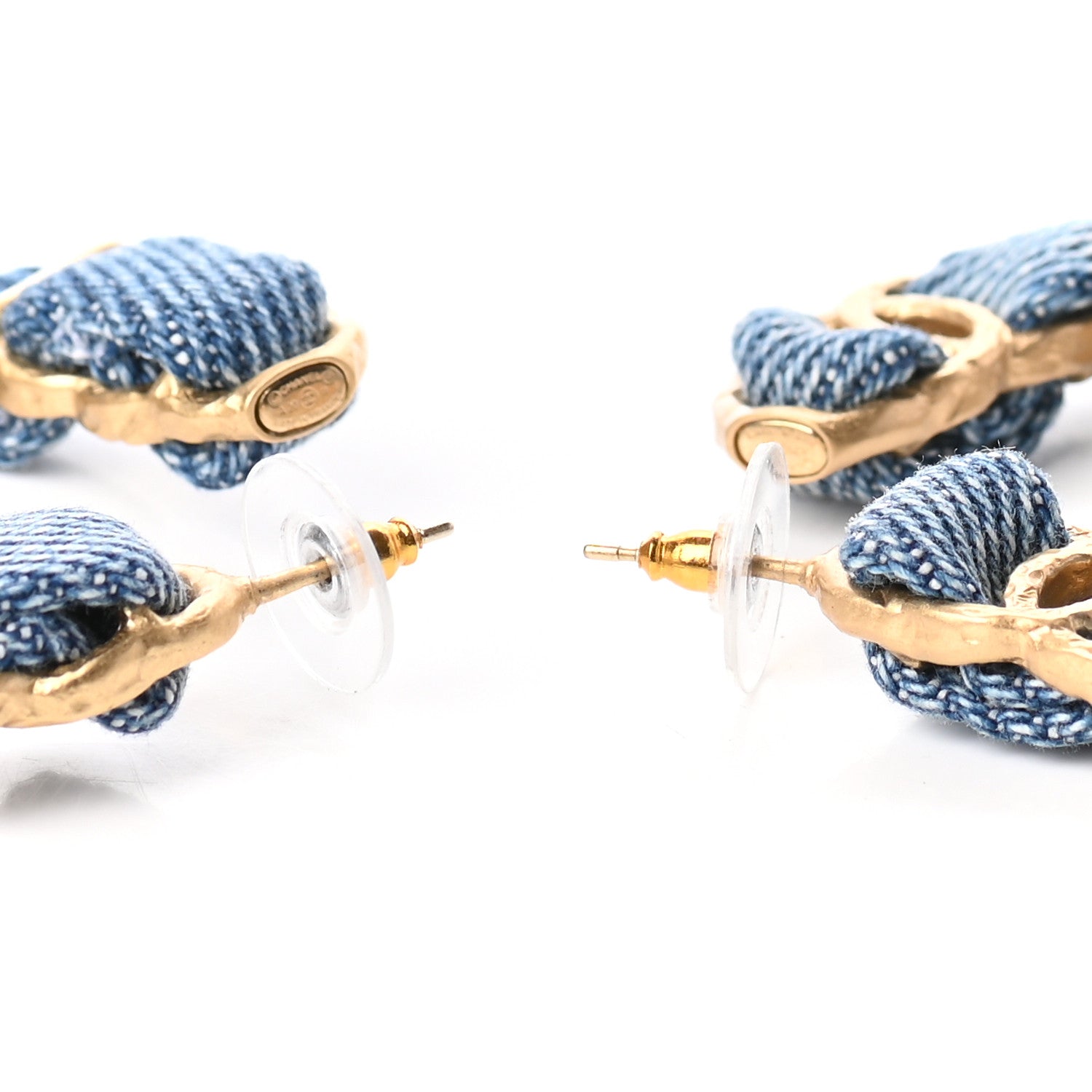Chanel Denim CC Chain Hoop Earrings Gold Blue 4 of 6