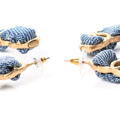 Chanel Denim CC Chain Hoop Earrings Gold Blue 4 of 6