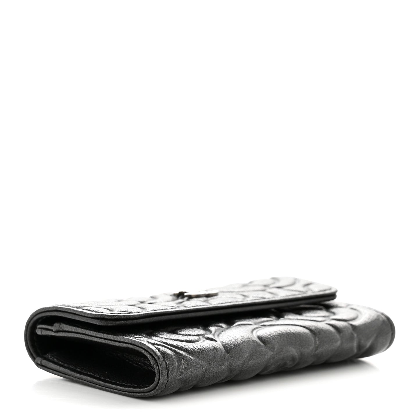 Goatskin Camellia Embossed Flap Card Holder Wallet Anthracite