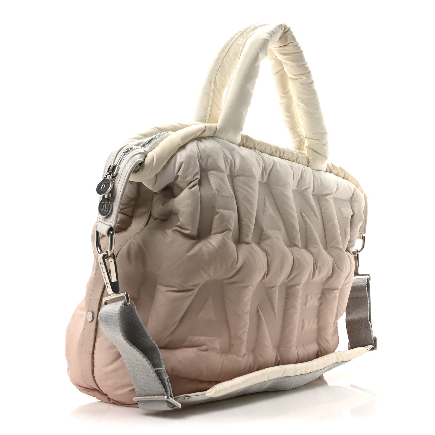 Chanel Nylon Embossed Large Doudoune Bowling Bag White Beige Pink 3 of 11