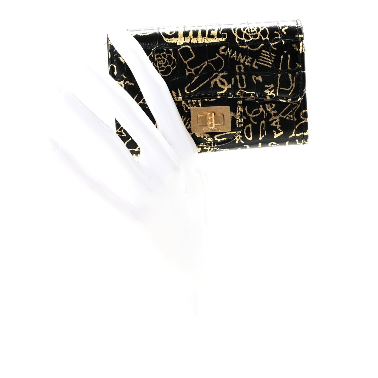 Calfskin Crocodile Embossed Graffiti 2.55 Cocodile Reissue Flap Card Holder Black Gold Black Gold