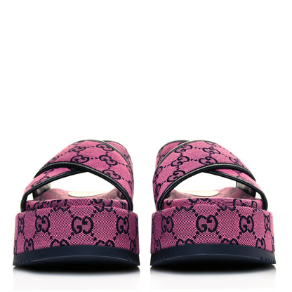 Gucci Monogram Multicolor Criss Cross Platform Slide Sandals 37 Pink Blue 2 of 9