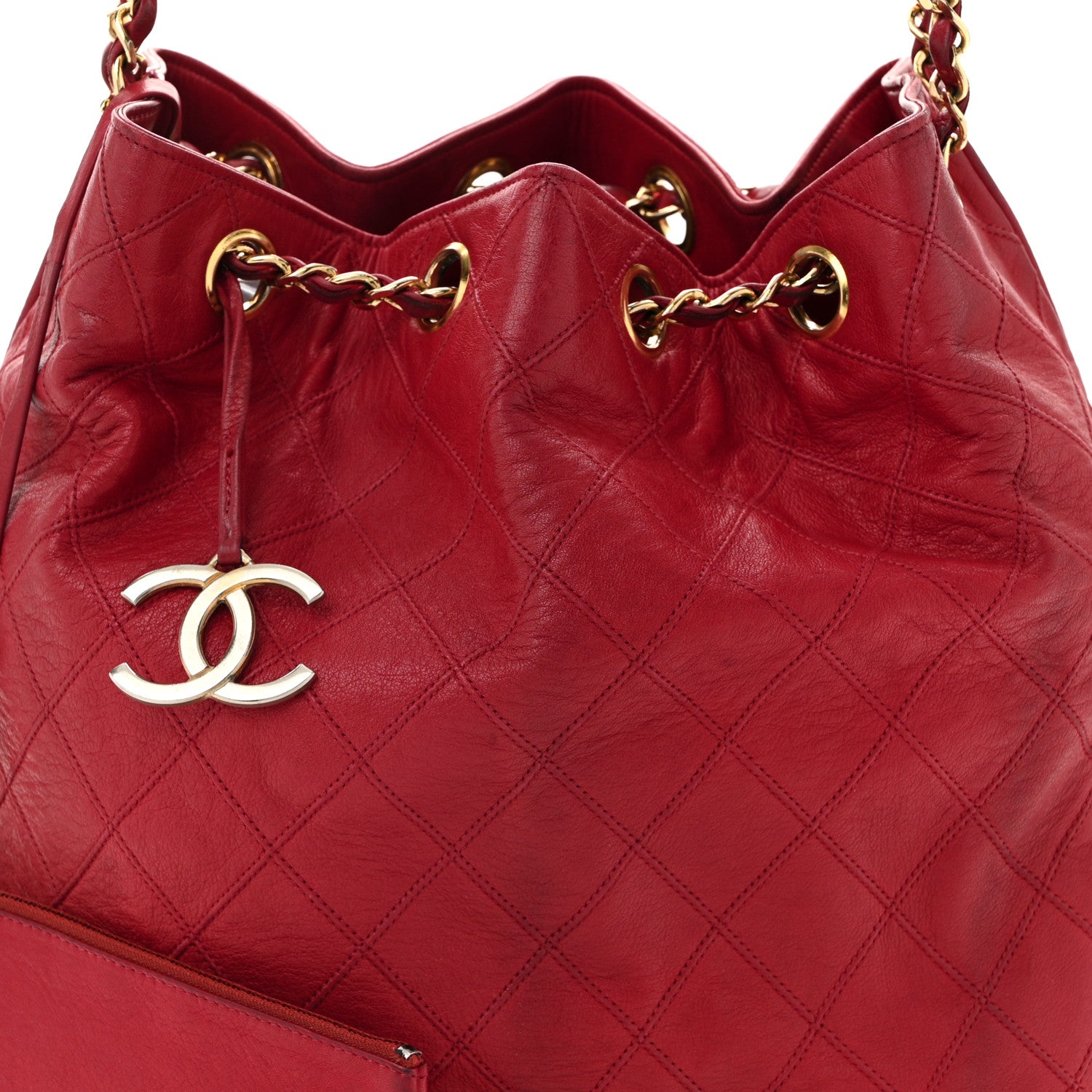 Chanel Lambskin Diamond Stitched CC Drawstring Shoulder Bag Red 9 of 12