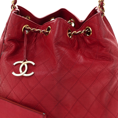 Chanel Lambskin Diamond Stitched CC Drawstring Shoulder Bag Red 9 of 12