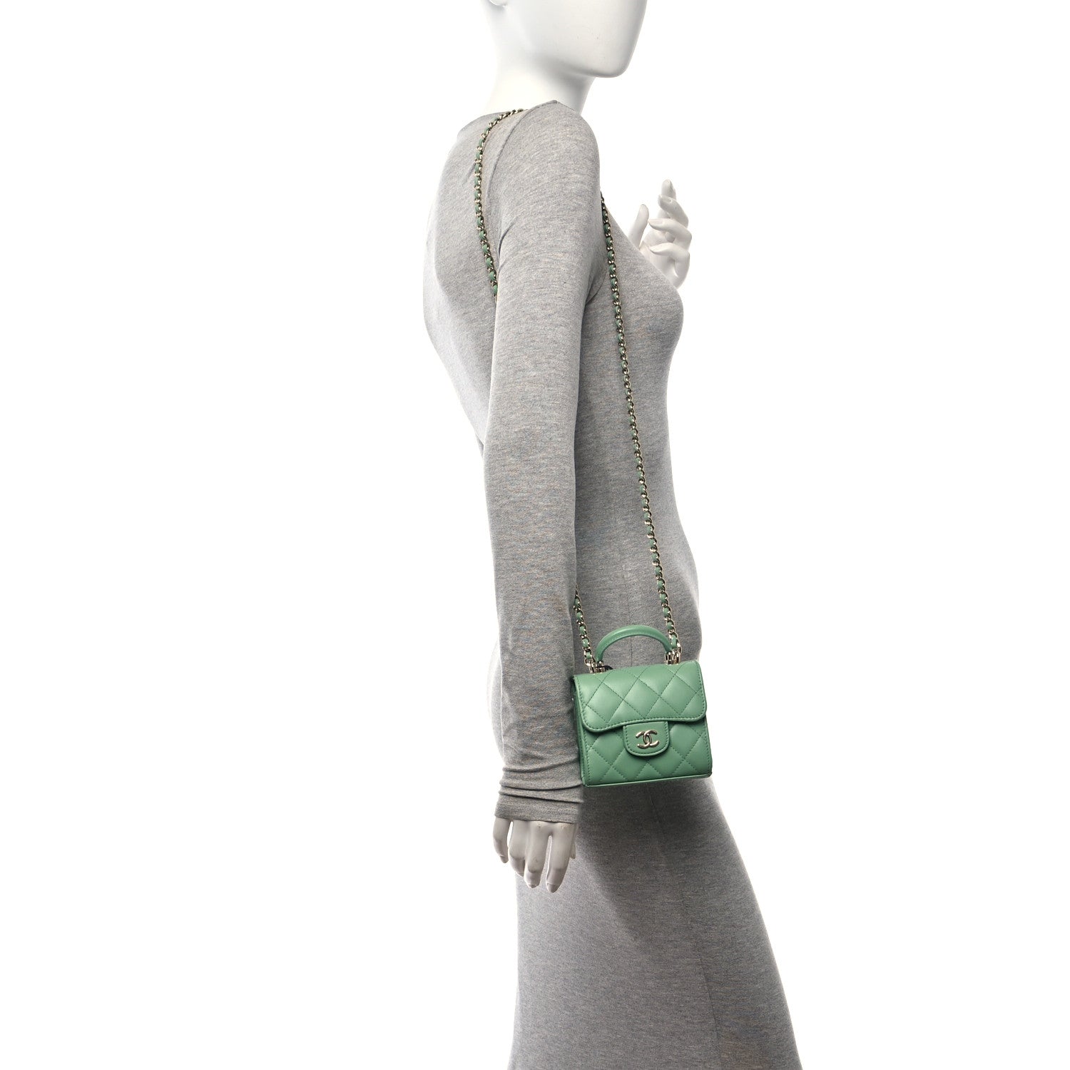 Chanel Lambskin Quilted Top Handle Flap Clutch With Chain Light Green 2 of 11