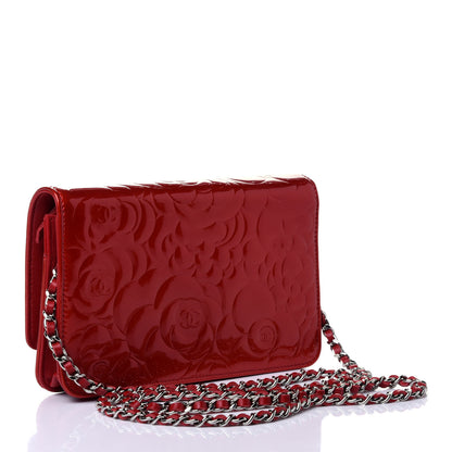 Chanel Patent Camellia Embossed Wallet On Chain WOC Dark Red 2 of 4