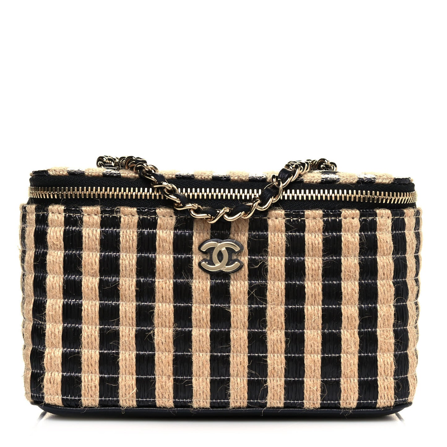 Raffia Jute Striped Small Vanity Case With Chain Black Beige