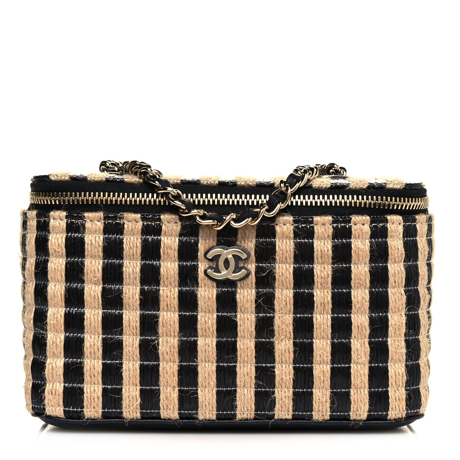 Chanel Raffia Jute Striped Small Vanity Case With Chain Black Beige 1 of 13