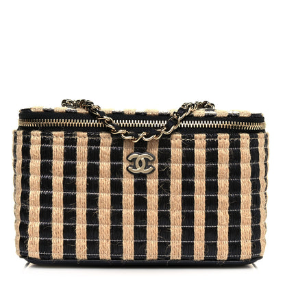 Chanel Raffia Jute Striped Small Vanity Case With Chain Black Beige 1 of 13