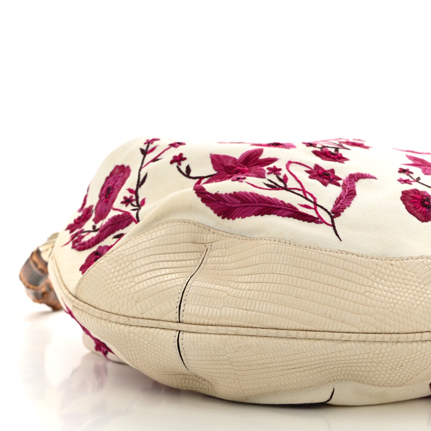 Gucci Lizard Canvas Embroidered Peggy Bamboo Top Handle Hobo White Pink 9 of 11