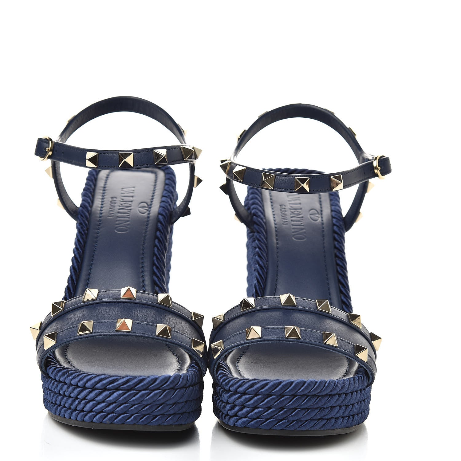 Valentino Garavani Calfskin Rockstud Torchon Espadrille 25/115mm Wedge Sandals 36 Pure Blue 2 of 8