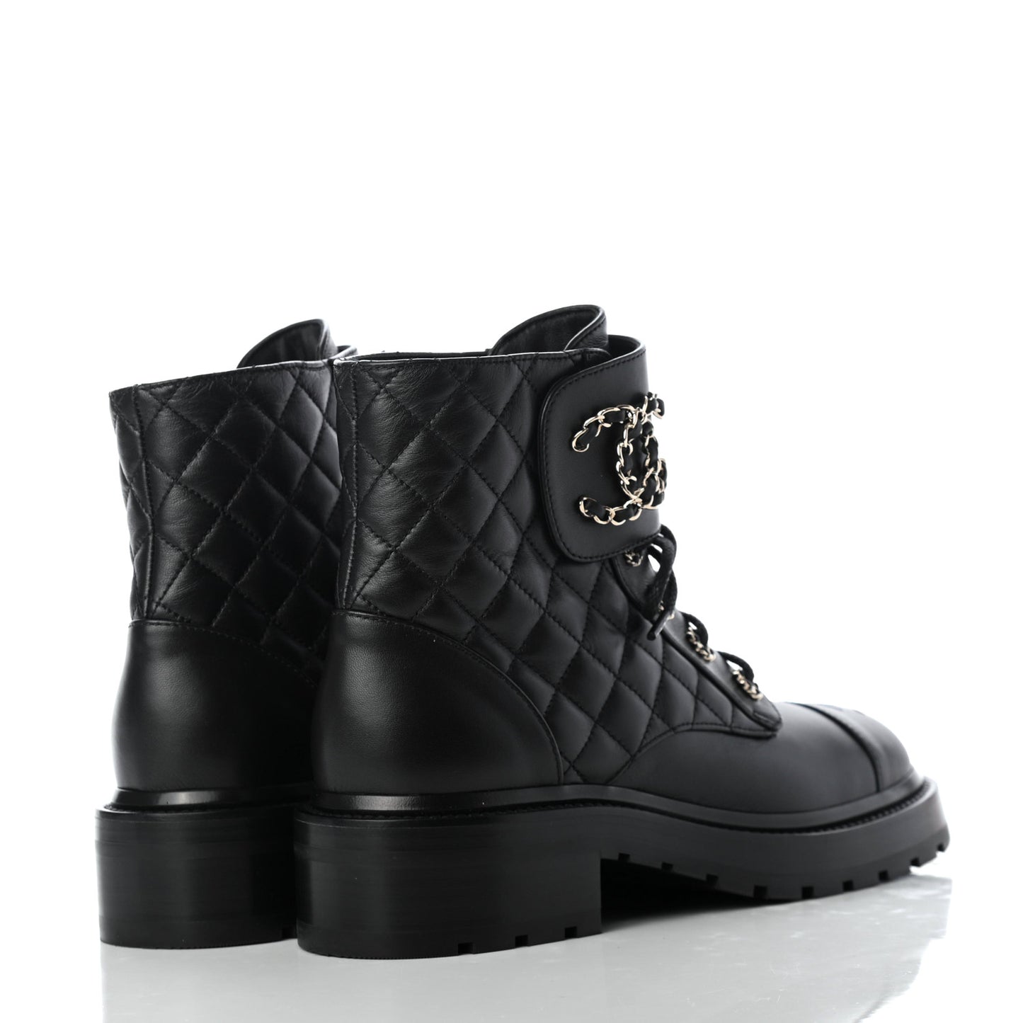Shiny Lambskin Quilted Lace Up Combat Boots 38 Black