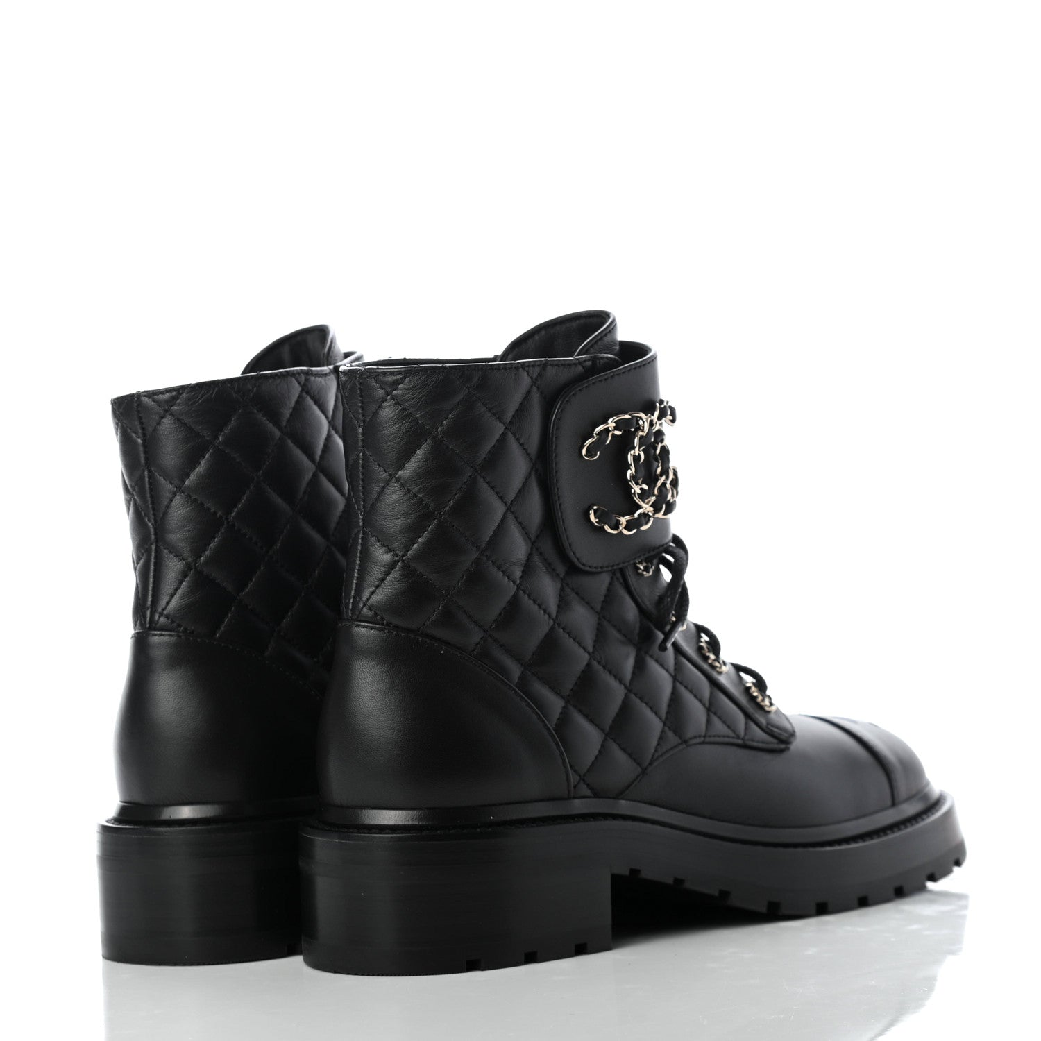 Chanel Shiny Lambskin Quilted Lace Up Combat Boots 38 Black 4 of 11