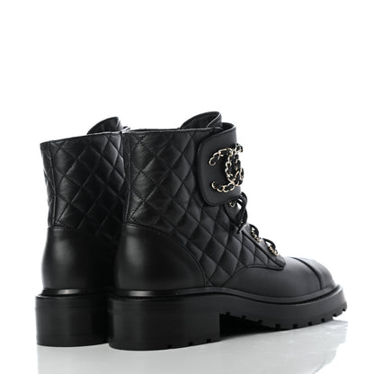 Chanel Shiny Lambskin Quilted Lace Up Combat Boots 38 Black 4 of 11